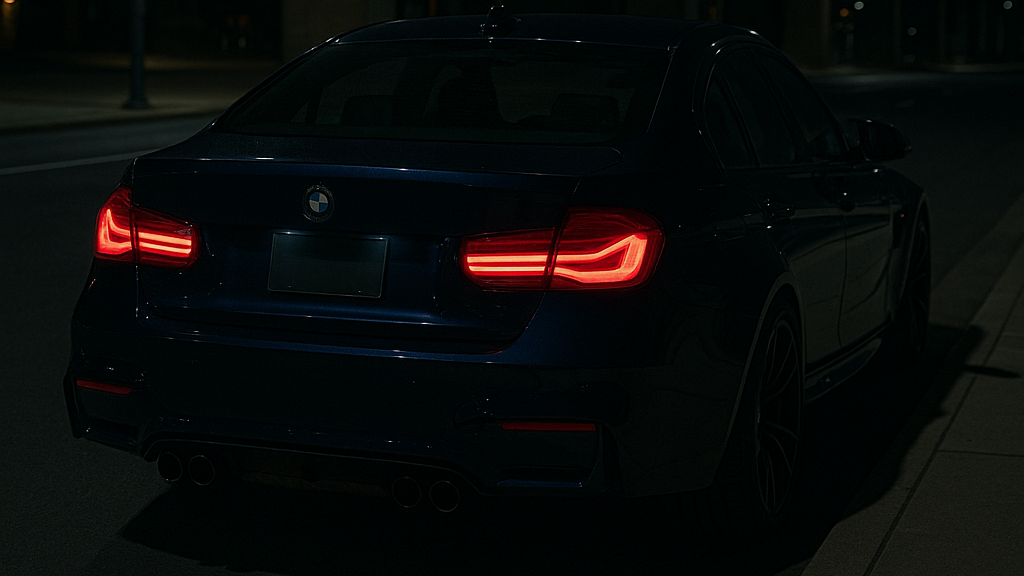 Car with illuminated taillights in a dark setting
